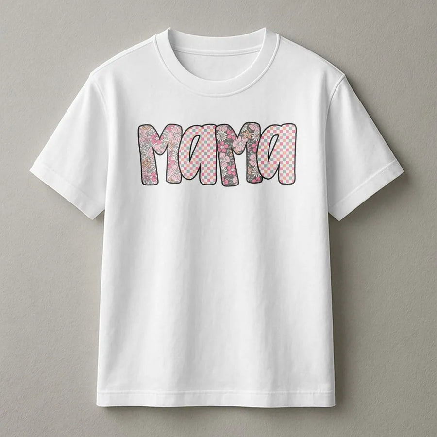 Mama T-Shirt | Preppy Floral Checkerboard Letters | Premium Cotton Blend | Mothers Day Gift for New Mom
