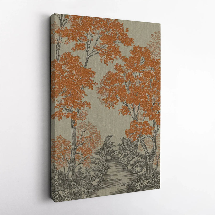 Autumn Forest Vertical Canvas | Vintage Woodland Sketch Print with Orange Trees | Premium Gallery Wrapped Wall Art | Rustic Farmhouse Home Decor Gift