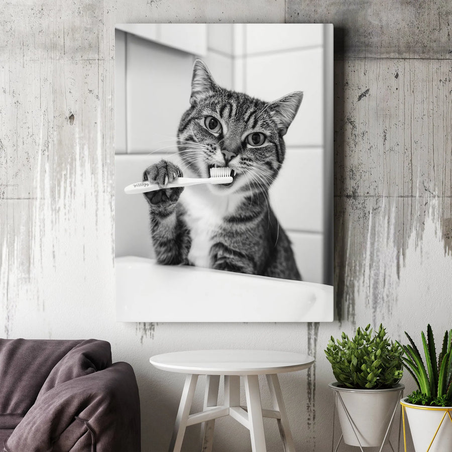 Funny Cat Brushing Teeth Canvas Art | Black and White Bathroom Wall Decor | Premium Fade-Resistant Gallery Wrap | Whimsical Animal Lover Gift