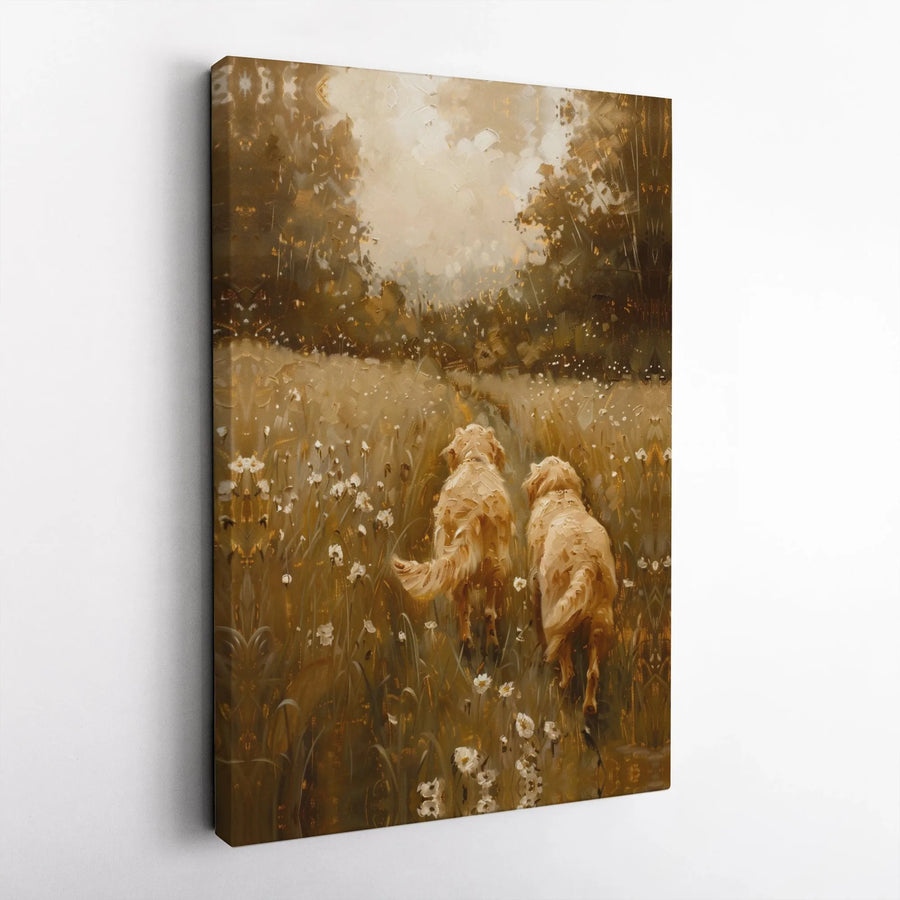 Golden Retriever Canvas Wall Art | Vintage Dogs in Wildflower Field Painting | Premium Gallery Wrapped Canvas | Gift for Dog Lover Farmhouse Decor