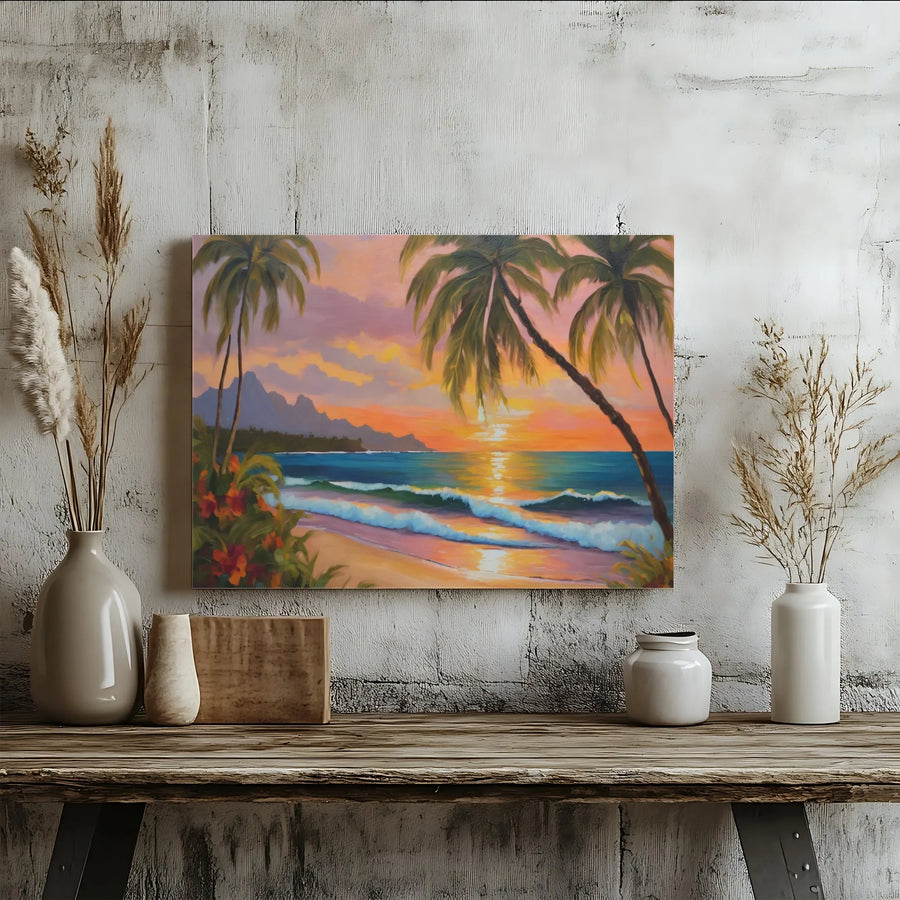 Tropical Beach Sunset Canvas Print | Coastal Palm Tree Oil Painting Art | Premium Gallery Wrap 1.25" Frame | Relaxing Beach House Wall Decor Gift