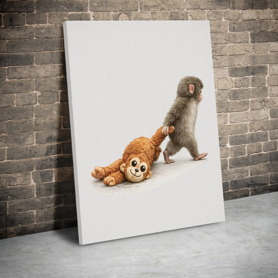 Baby Monkey Canvas Wall Art | Cute Monkey Dragging Stuffed Toy | Premium Fade-Resistant Print | Whimsical Nursery Decor Gift