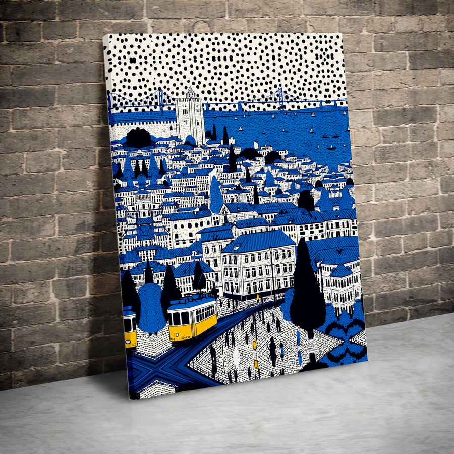 Lisbon Portugal Canvas Wall Art | Modern Graphic Illustration with Yellow Tram | Premium Matte Canvas Print | Travel Lover Gift for Home Decor