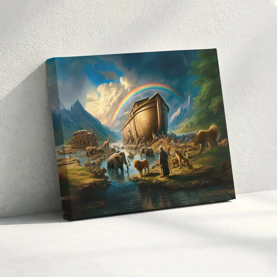 Noah's Ark Wall Art Canvas | Biblical Animals & Rainbow Landscape | Premium Gallery Wrap Print | Religious Home Decor & Nursery Gift