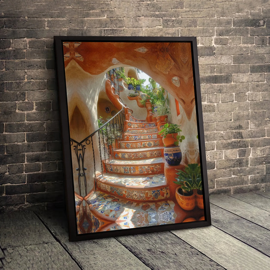 Mediterranean Staircase Canvas Print | Mosaic Tile Garden Wall Art | Premium Fade-Resistant Decor | Housewarming Gift for Home Office