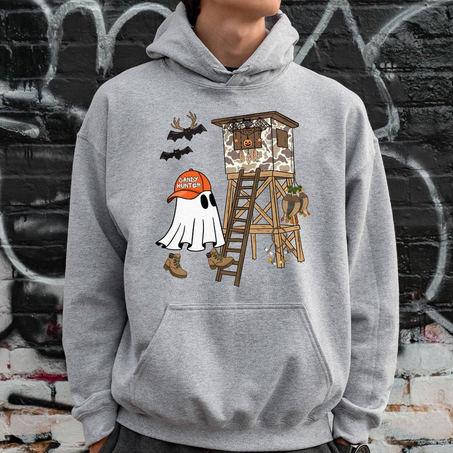 Candy Hunter Ghost Hoodie | Funny Camo Deer Stand Halloween Graphic | Premium Cotton Blend | Unisex Spooky Fall Gift for Outdoorsmen