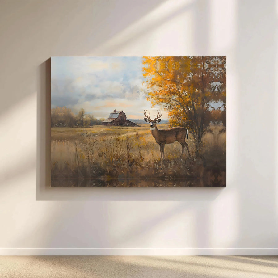 Buck Deer Wall Art | Autumn Countryside Farmhouse Landscape | Premium Gallery Wrap Canvas | Rustic Home Decor Gift for Nature Lovers