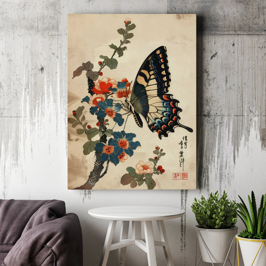 Japanese Swallowtail Butterfly Canvas Art | Vintage Floral Ukiyo-e Print | Gallery Wrapped Premium Canvas | Elegant Home Decor Gift