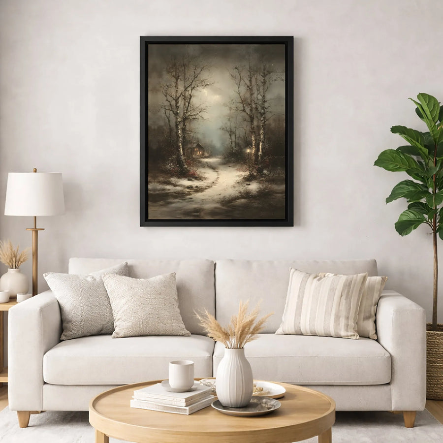 Winter Forest Canvas Wall Art | Snowy Cabin Path Night Landscape | Premium 1.25-Inch Gallery Wrap | Cozy Home Decor Christmas Gift