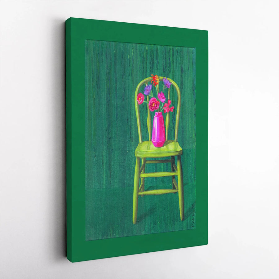 Still Life Flower Painting Canvas | Floral Art in Pink Vase on Green Chair | Gallery-Quality Wall Decor | Botanical Fine Art Print for Home