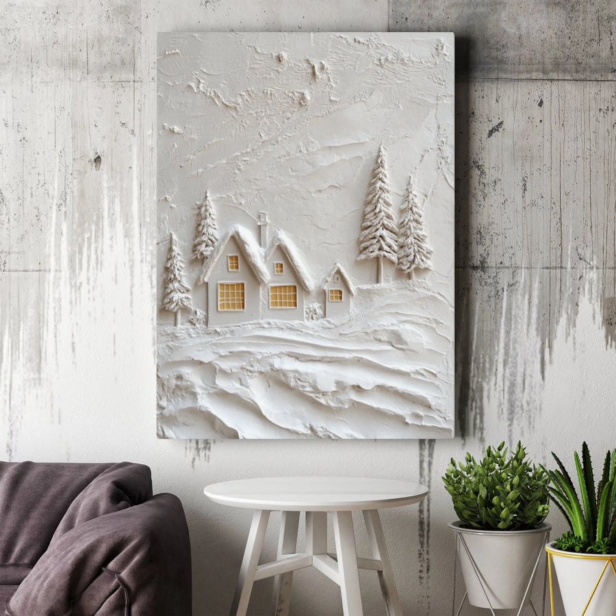 Winter Village Canvas Wall Art | Snow Covered Cottage Scene | 1.25 Inch Gallery Wrap | Minimalist Holiday Home Decor Gift