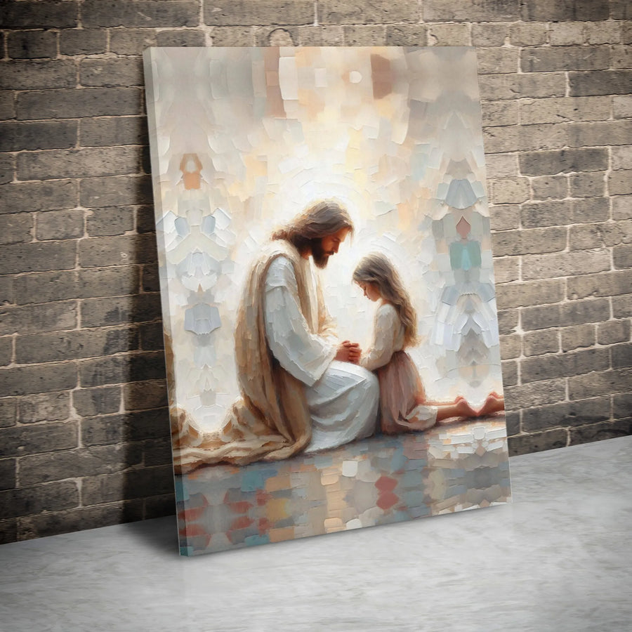 Jesus Praying With Little Girl Canvas Art | Impressionist Christian Wall Decor | Gallery-Wrapped Premium Print | Religious Gift for Home