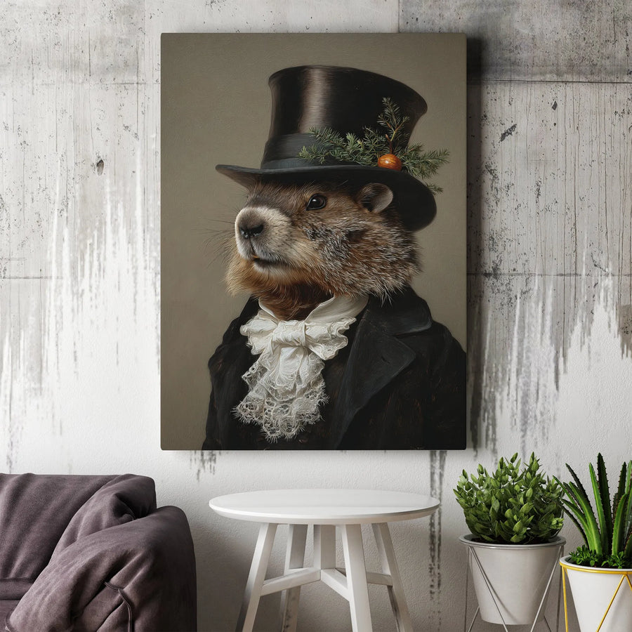 Victorian Groundhog Portrait Vertical Canvas | Gentleman Animal in Top Hat Art | Premium Frameless Wall Decor | Unique Collector's Gift