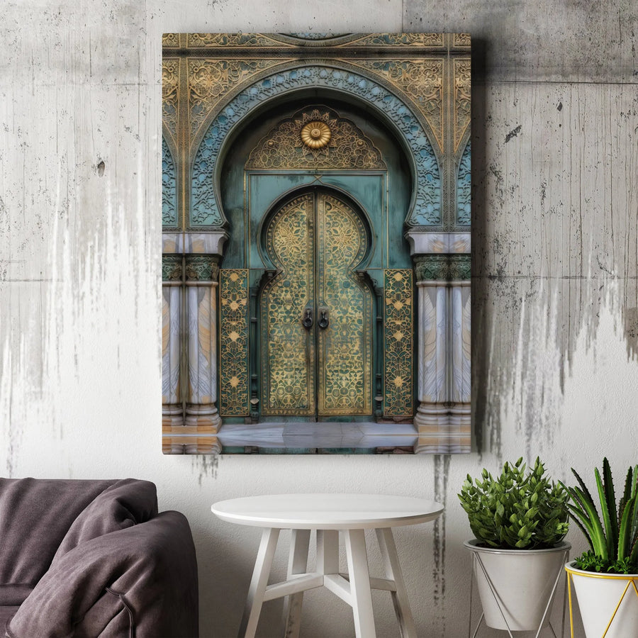 Moroccan Door Canvas Wall Art | Ornate Gold & Teal Arabesque Pattern | Premium 1.25-Inch Gallery Wrap | Elegant Home Decor Gift