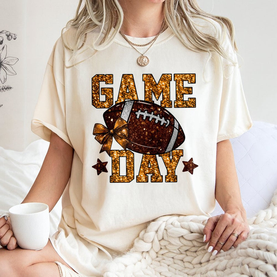 Game Day Football T-Shirt | Glitter Bow & Stars Graphic Design | 100% Cotton Premium Tee | Trendy Football Mom Apparel Gift