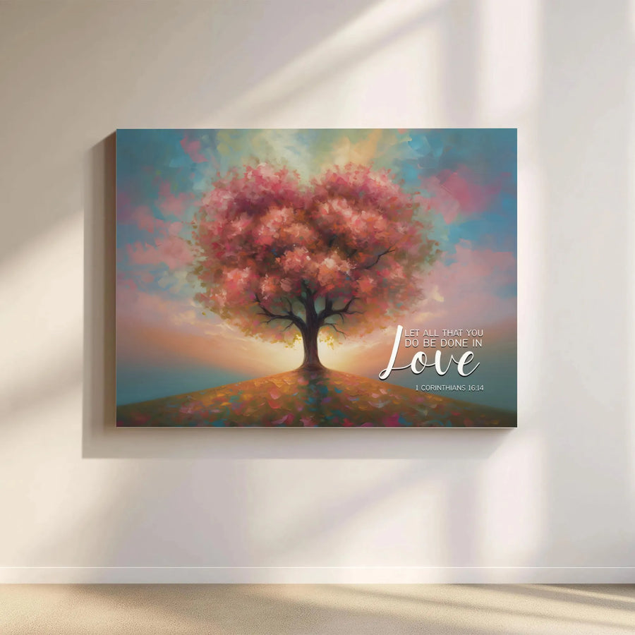 1 Corinthians 16:14 Wall Art | Heart Shaped Tree Canvas Print | Premium Fade-Resistant Gallery Wrap | Religious Home Decor Gift