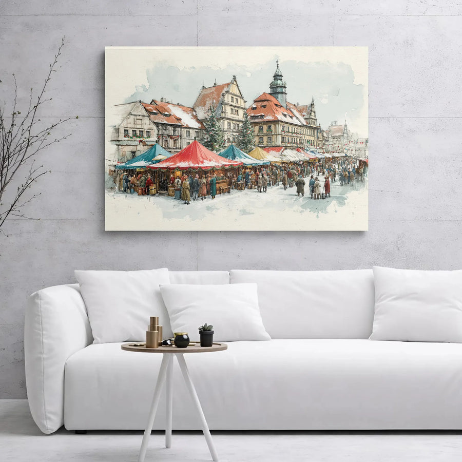 Christmas Market Canvas Wall Art | Watercolor Snowy Town Square Print | Premium Gallery Wrap Decor | Holiday Seasonal Gift for Home