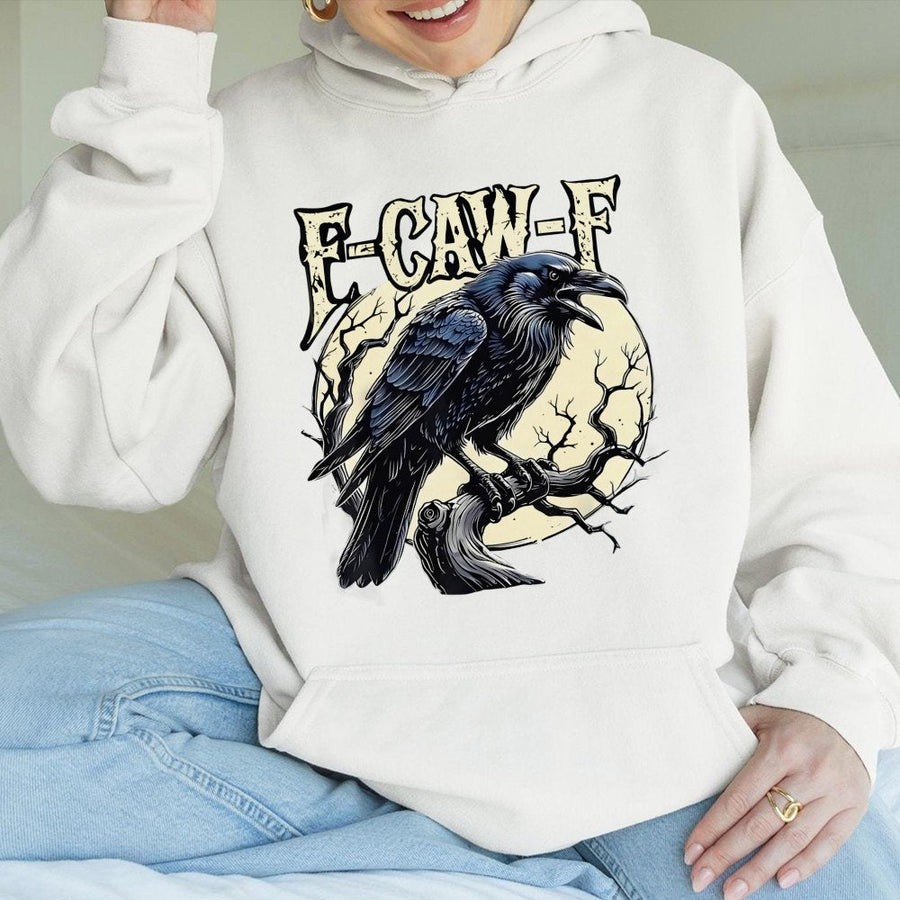 Raven Hoodie | Funny F-Caw-F Crow Pun Graphic | Premium Cotton Blend Pullover | Gothic Aesthetic Gift for Bird Lovers