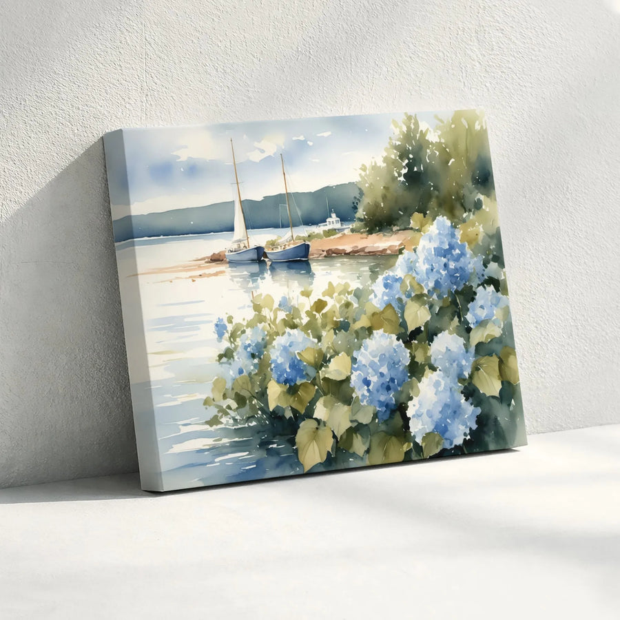 Watercolor Sailboat Wall Art | Coastal Blue Hydrangea Lakeside Landscape | Premium Gallery Wrapped Canvas | Serene Nautical Home Decor Gift