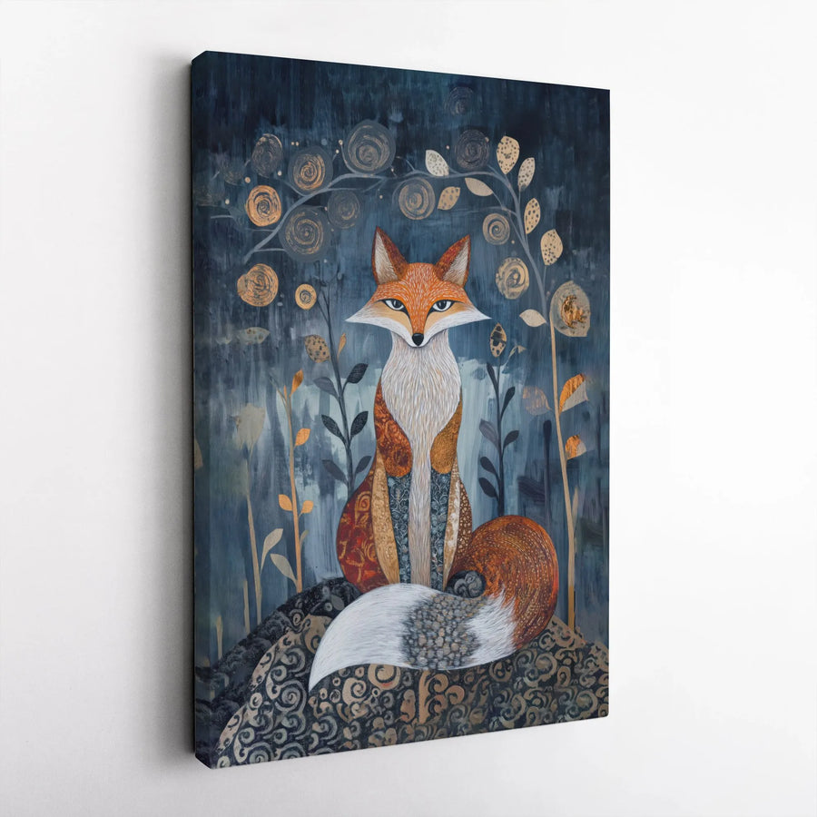 Fox Canvas Wall Art | Whimsical Night Forest Patchwork Design | Premium Gallery-Wrapped Print | Woodland Animal Home Decor Gift