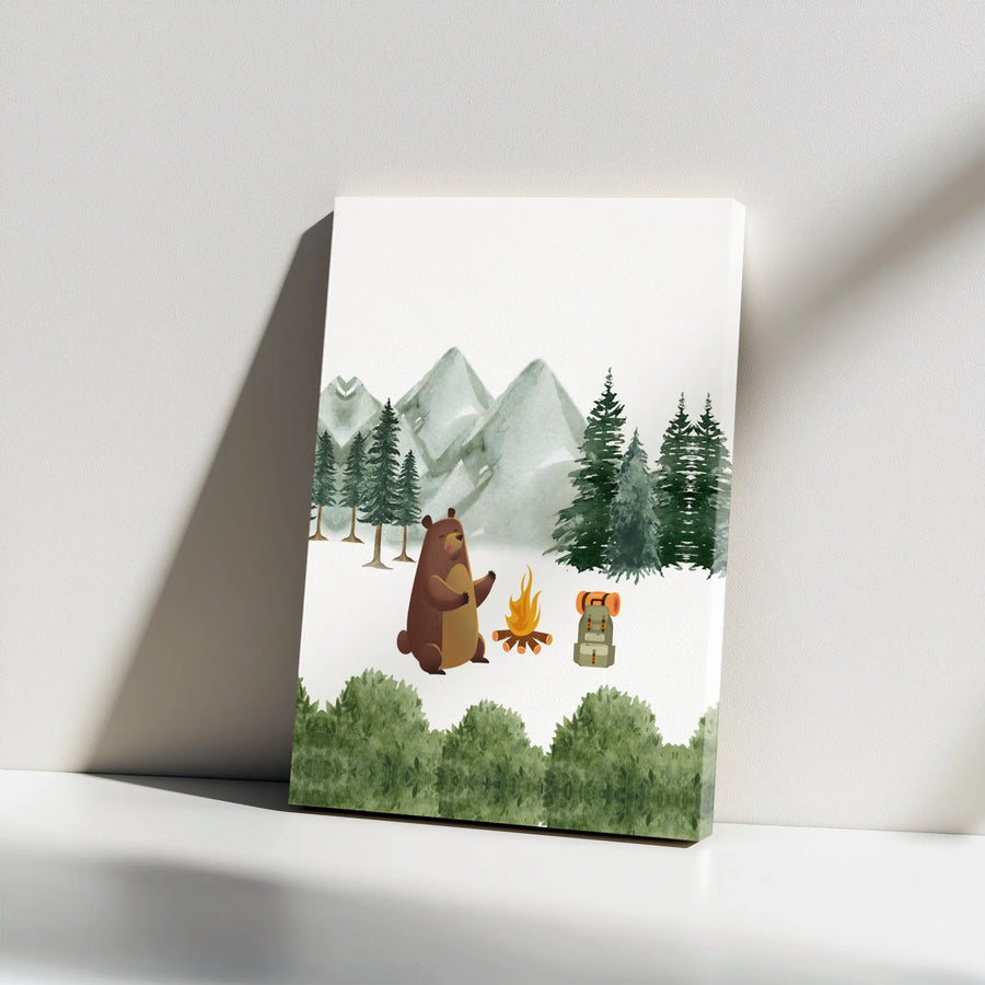 Watercolor Camping Bear Canvas Wall Art | Mountain Forest Scenery | Premium 1.25-Inch Gallery Wrap | Adventure Theme Nursery or Home Decor Gift
