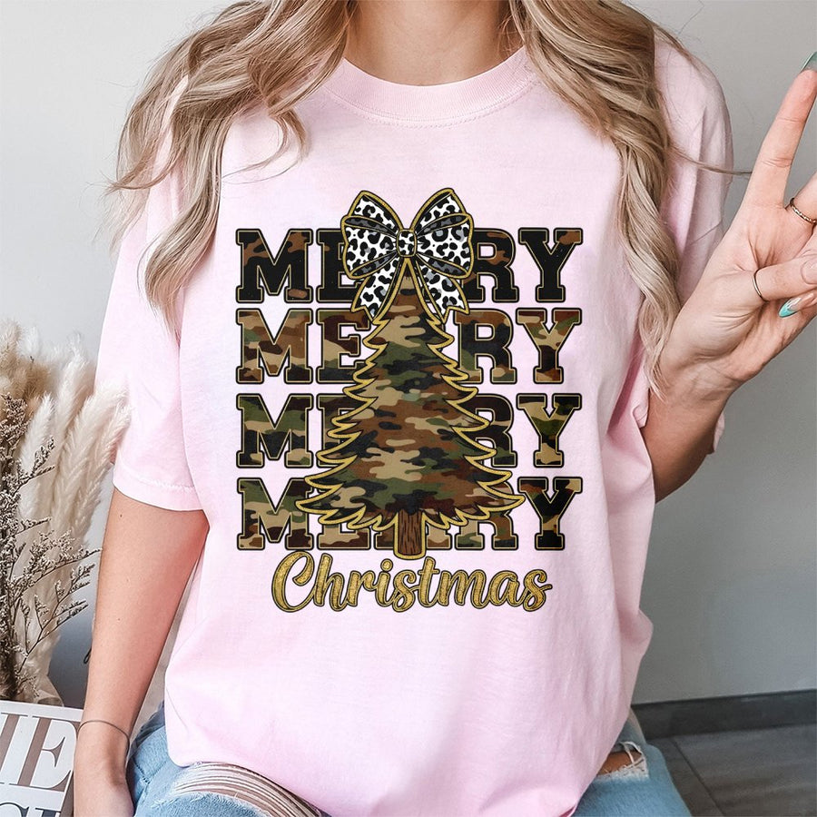Camo Merry Christmas T-Shirt | Rustic Leopard Bow Holiday Tree Design | Premium 100% Cotton | Festive Gift for Women and Men