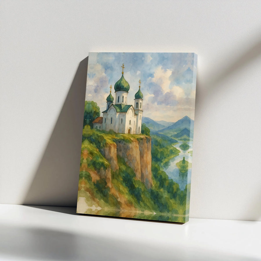 Orthodox Church Canvas Wall Art | Watercolor Landscape Painting | Premium Gallery Wrapped Canvas | Spiritual Home Decor Gift for Christian Art Lovers