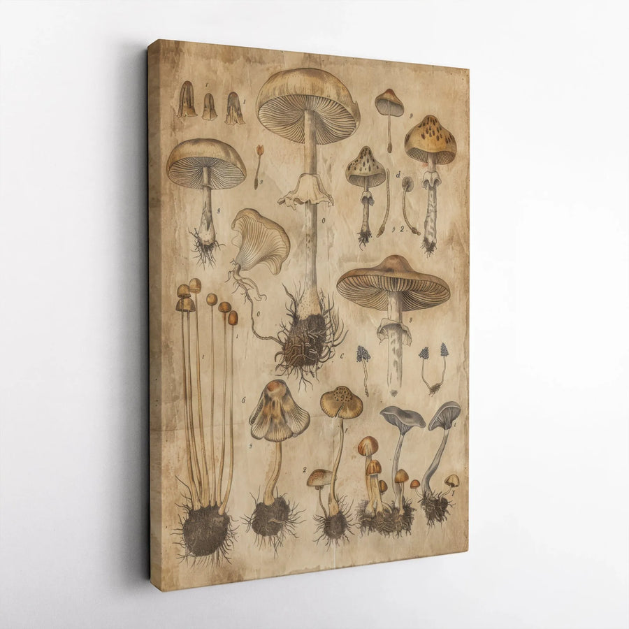 Vintage Mushroom Botanical Print | Scientific Mycology Illustration Chart | Premium Gallery Canvas | Nature Lover Home Decor Wall Art