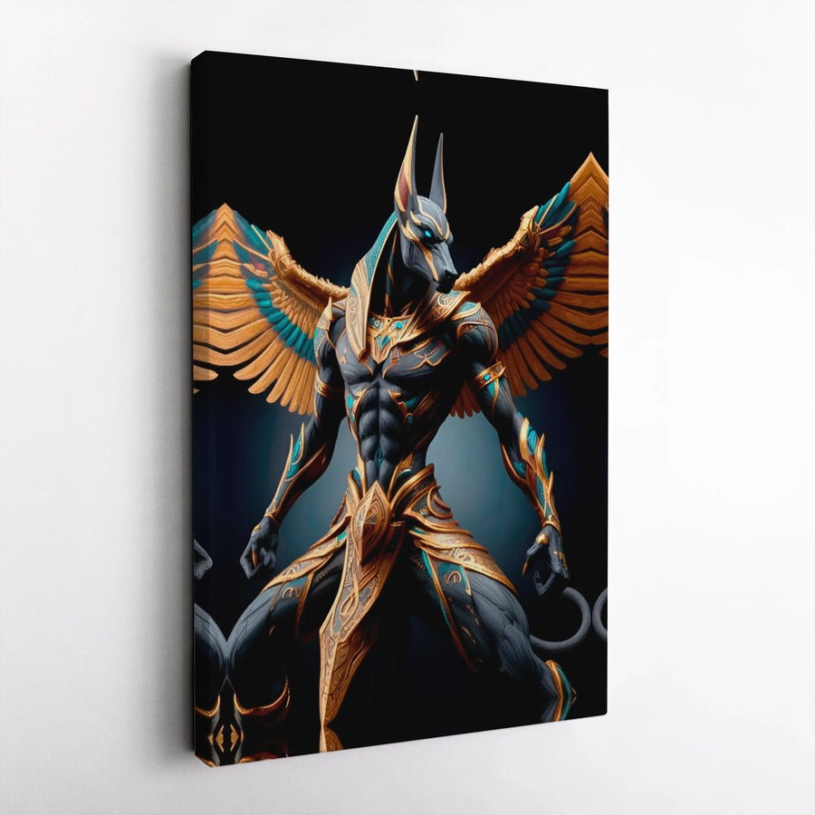 Anubis Egyptian God Canvas Wall Art | Winged Warrior in Gold and Teal Armor | Premium Gallery Wrap Print | Mythological Home Decor Gift