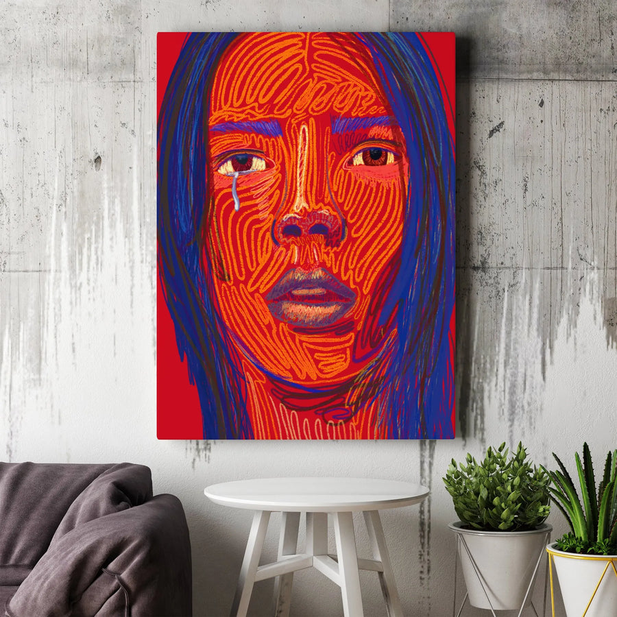 Abstract Portrait Canvas Print | Crying Woman Swirling Line Art | Premium Gallery Wrapped Wall Decor | Statement Piece for Modern Home Living Room