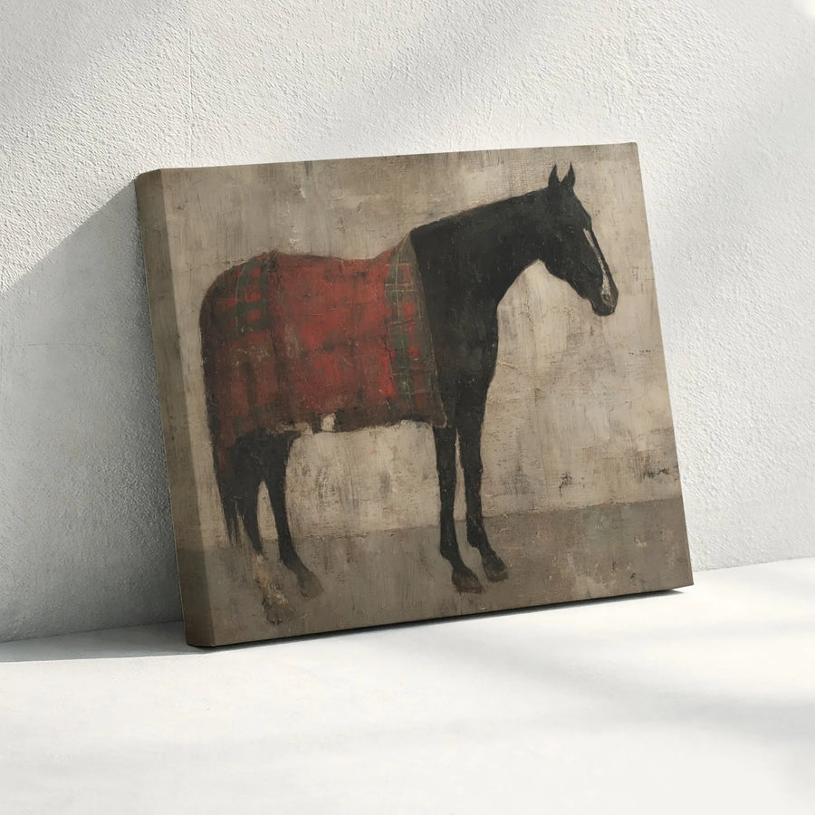 Black Horse Wall Art | Rustic Equestrian Painting with Red Blanket | Premium Gallery Wrapped Canvas | Farmhouse Home Decor for Horse Lovers