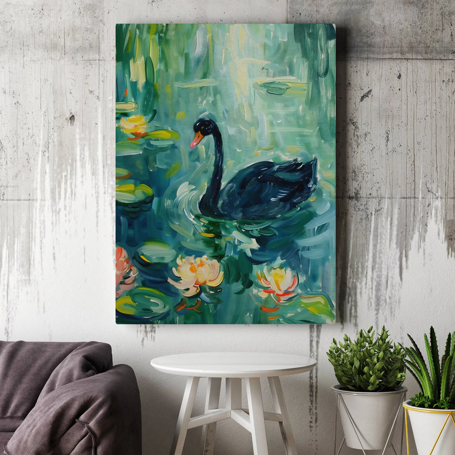 Black Swan Canvas Wall Art | Impressionist Water Lilies Print | Premium Gallery Wrap Decor | Nature Inspired Gift for Home Office