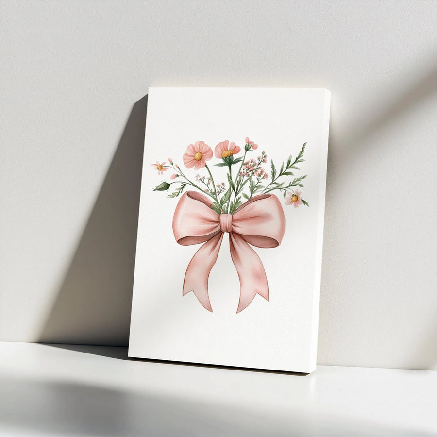 Watercolor Floral Bouquet Vertical Canvas | Pink Ribbon Bow Wildflower Art Print | Premium Gallery Wrapped Canvas | Nursery Wall Decor Gift for Girls Room