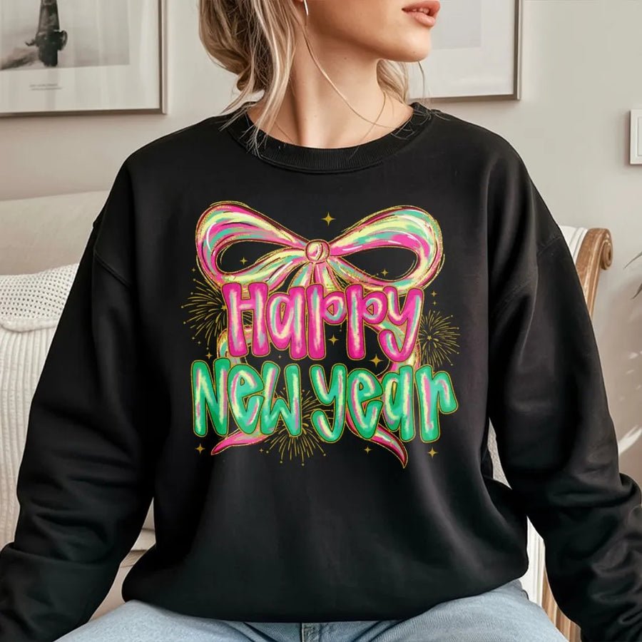 Happy New Year Sweatshirt | Neon Bow And Fireworks Graphic | Soft Cotton Blend Crewneck | Festive Holiday Party Gift For Men And Women