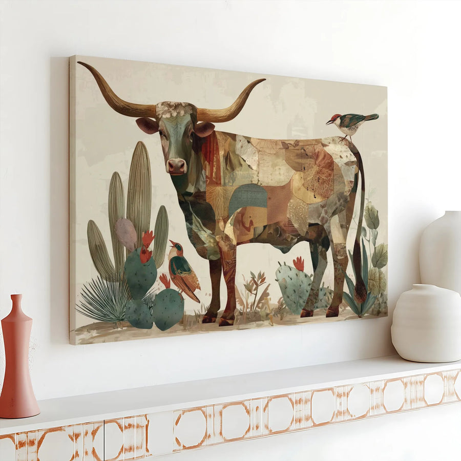 Texas Longhorn Canvas Wall Art | Patchwork Collage Desert Print | Premium Gallery Wrap 1.25" Frame | Southwestern Home Decor Gift