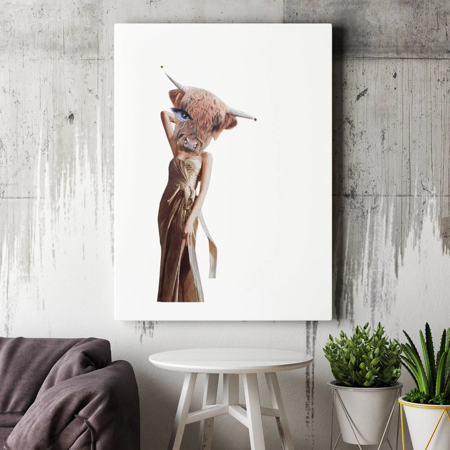 Highland Cow Canvas Wall Art | Surreal Fashion Portrait in Gold Gown | Premium Gallery Wrapped Decor | Unique Maximalist Home Gift
