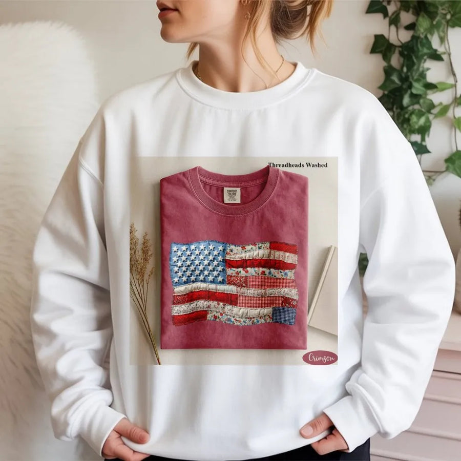 American Flag Sweatshirt | Retro Faux Patchwork USA Flag Design | Premium Comfort Colors | Patriotic Gift for Men & Women