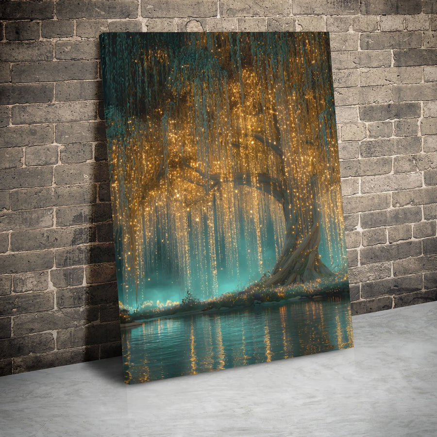 Enchanted Weeping Willow Canvas | Glowing Forest Fairy Lights Wall Art | Premium Gallery Wrap Decor | Magical Nature Landscape Gift