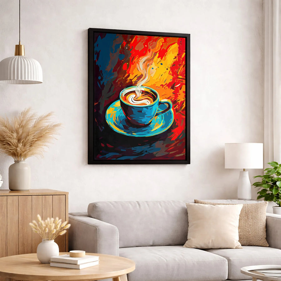 Abstract Coffee Cup Canvas Wall Art | Colorful Steaming Espresso Painting | Premium Gallery Wrap Print | Kitchen and Cafe Decor Gift