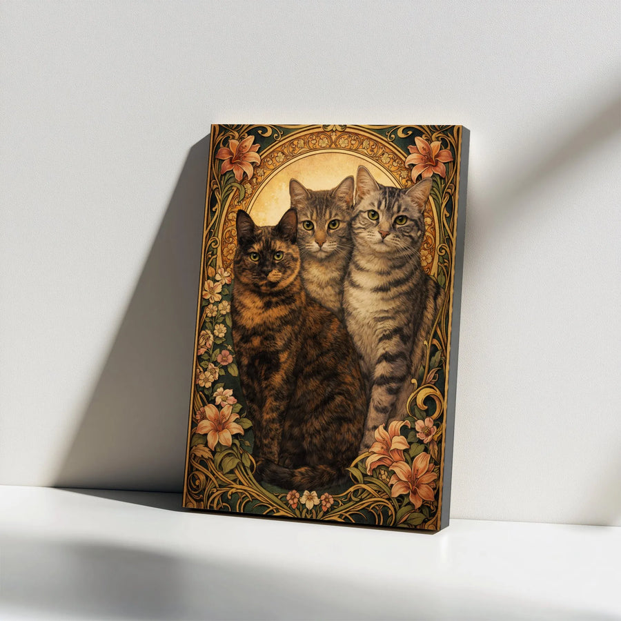 Art Nouveau Cat Canvas | Three Cats Floral Portrait Wall Art | Premium Canvas Print | Vintage Style Decor Gift for Cat Lovers
