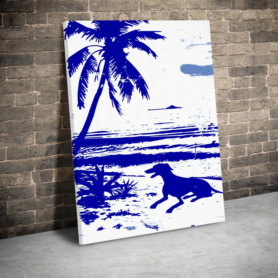 Greyhound Dog Wall Art | Tropical Beach Palm Tree Silhouette | Premium Canvas Gallery Wrap | Coastal Home Decor Gift for Dog Lovers
