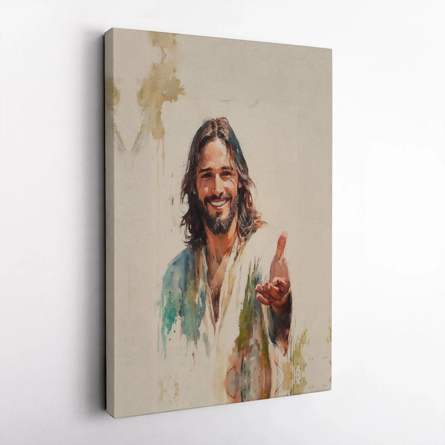 Jesus Reaching Out Canvas Art | Smiling Savior Watercolor Print | 1.25-Inch Gallery Wrap | Christian Home Decor Gift for Believers