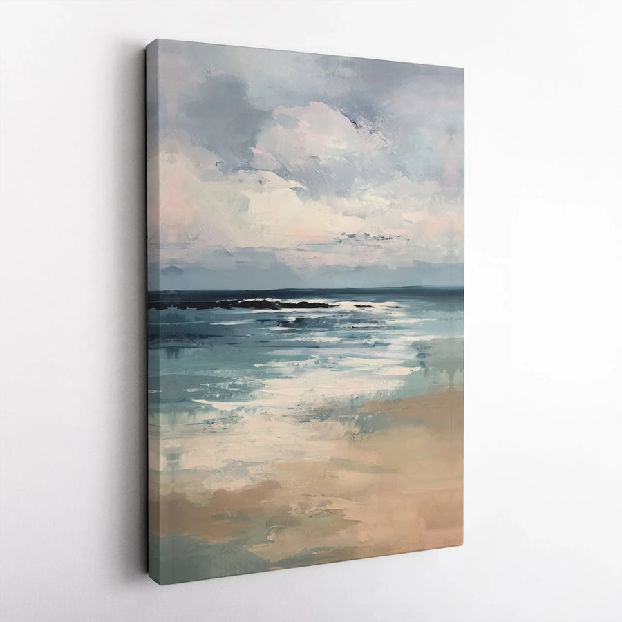 Abstract Ocean Shoreline Vertical Canvas | Impressionist Coastal Sea Wave Art | Fade-Resistant Gallery-Style Print | Peaceful Beach House Wall Decor