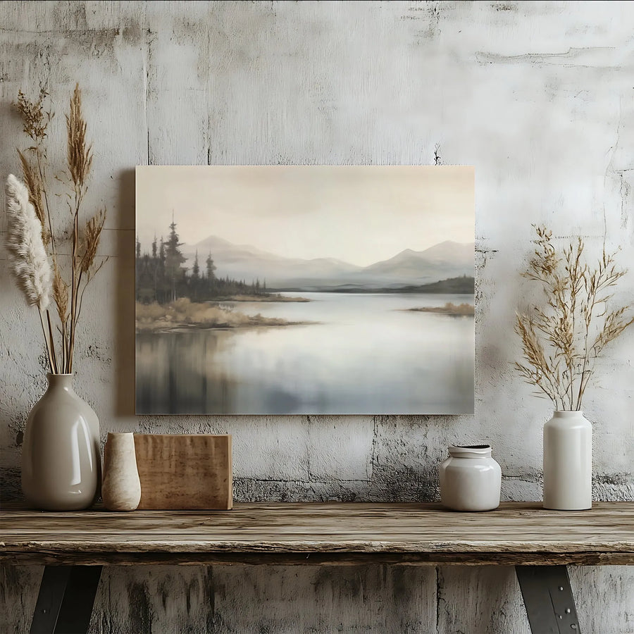 Misty Mountain Lake Canvas Wall Art | Serene Pine Forest Landscape Print | 1.25" Gallery Wrap Premium Decor | Nature Inspired Gift for Living Room