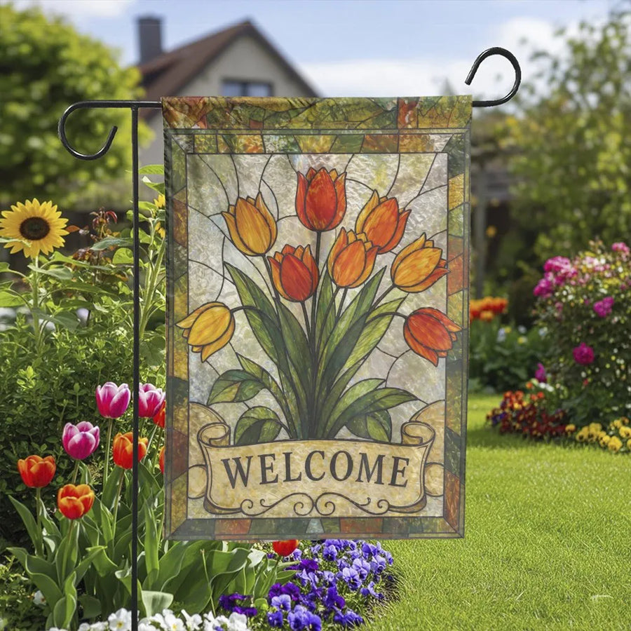 Tulip Welcome Garden Flag | Stained Glass Style Floral Art | Double Sided Weather Resistant Fabric | Porch & Yard Decor Gift