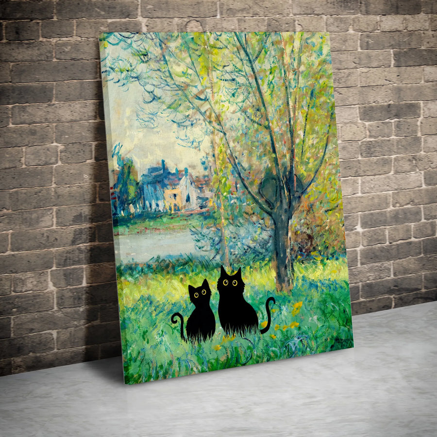 Black Cat Canvas Wall Art | Impressionist Landscape Painting Style | 1.25" Premium Gallery Wrapped Profile | Unique Gift for Cat Lovers