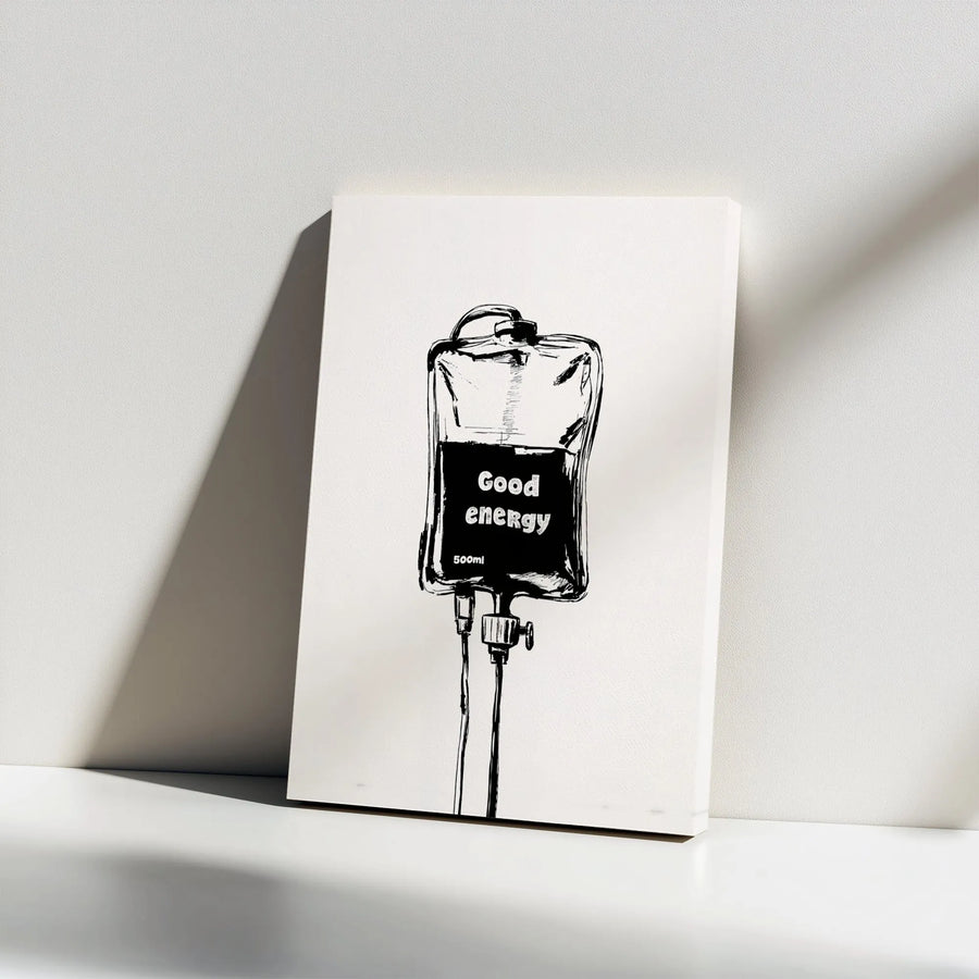 Good Energy IV Drip Bag Canvas Art | Black and White Sketch Print | Premium Gallery Wrap Wall Decor | Motivational Office and Home Wall Art Gift