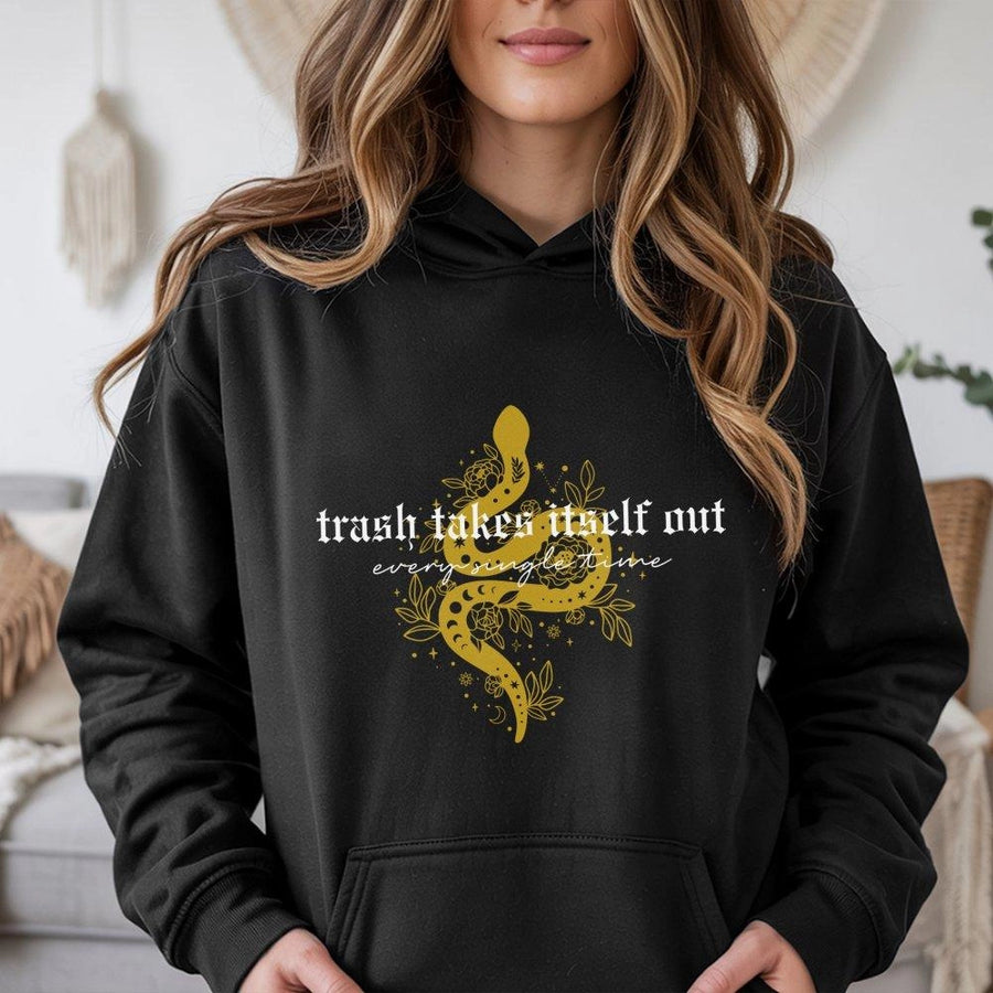 Trash Takes Itself Out Hoodie | Celestial Snake Graphic Tee | Premium Cotton Blend Pullover | Sarcastic Aesthetic Gift For Her And Him