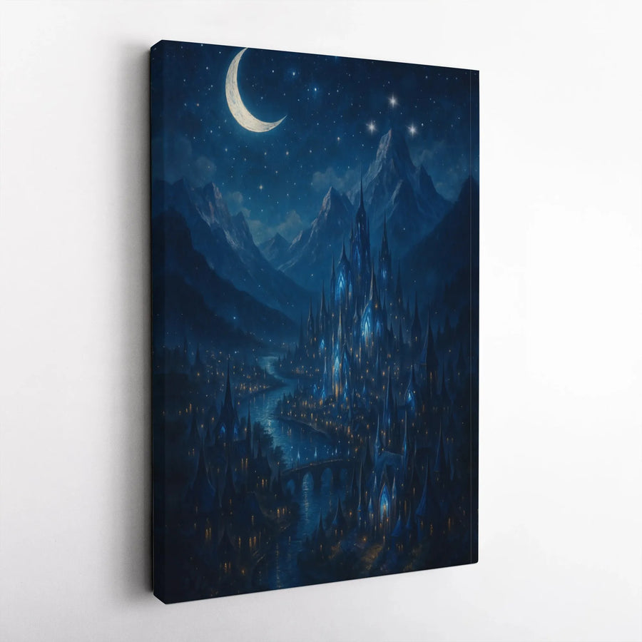 Fantasy Castle Canvas Wall Art | Magical River Night Landscape | 1.25 Inch Gallery Wrap | Dreamy Bedroom Decor Gift