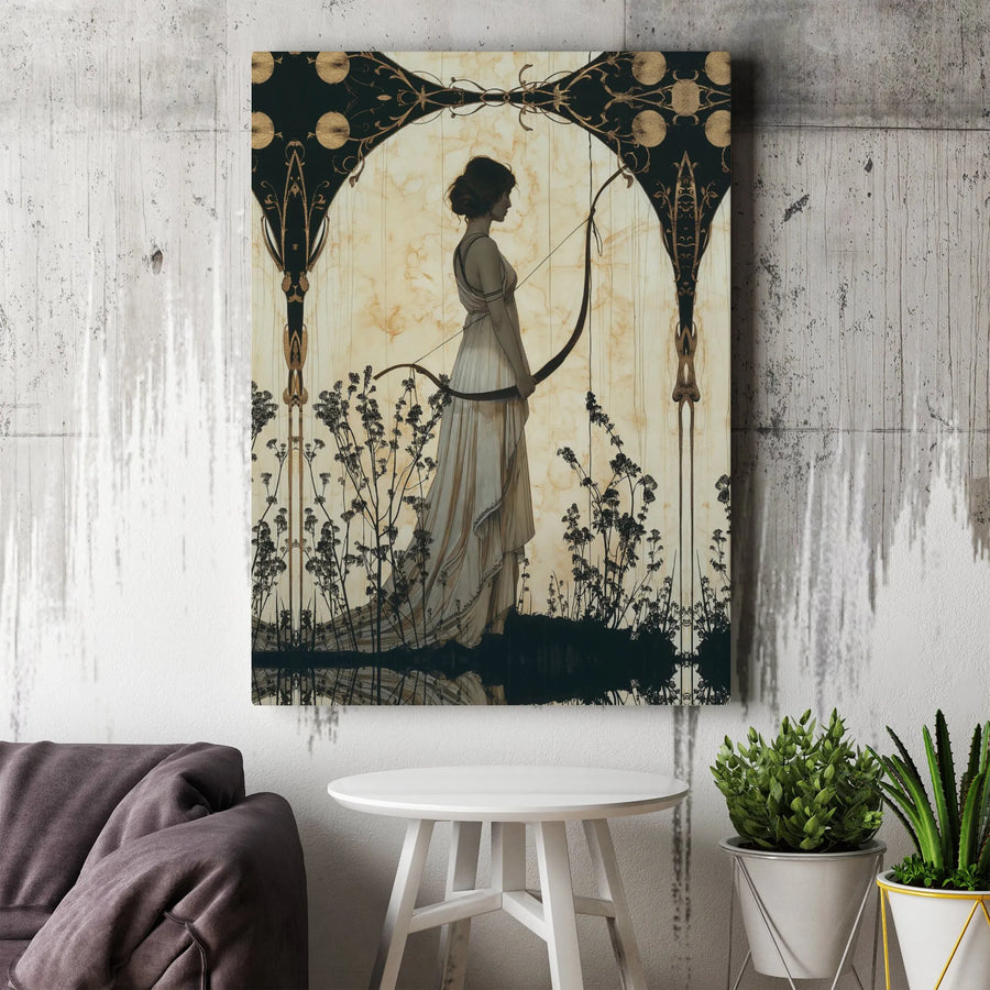 Artemis Wall Art Canvas | Art Nouveau Goddess Hunt Design | Premium Gallery Wrapped Decor | Mythological Home Office Gift